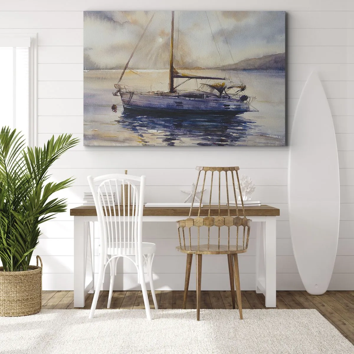 Schilderen op canvas - Een jacht op een kalme zee bij zonsondergang - 70x50cm - Avond aan de baai - Moderne wanddecoratie voor woonkamer en slaapkamer ARTTOR
