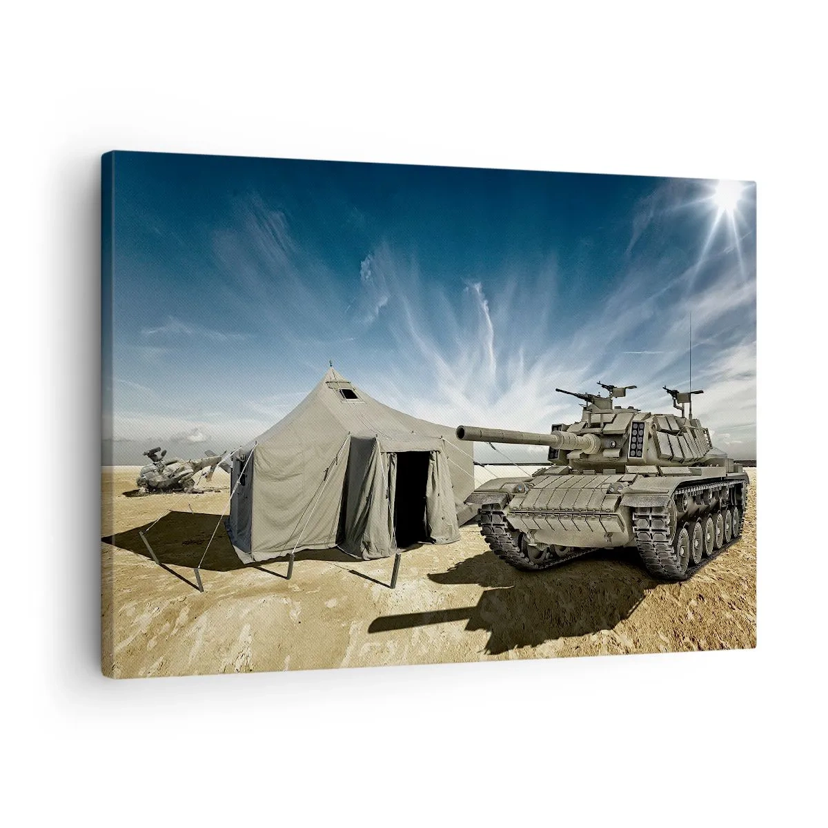 Schilderen op canvas - Een tank naast een militaire tent in een woestijngebied - 70x50cm - Een militaire droom - Moderne wanddecoratie voor woonkamer en slaapkamer ARTTOR