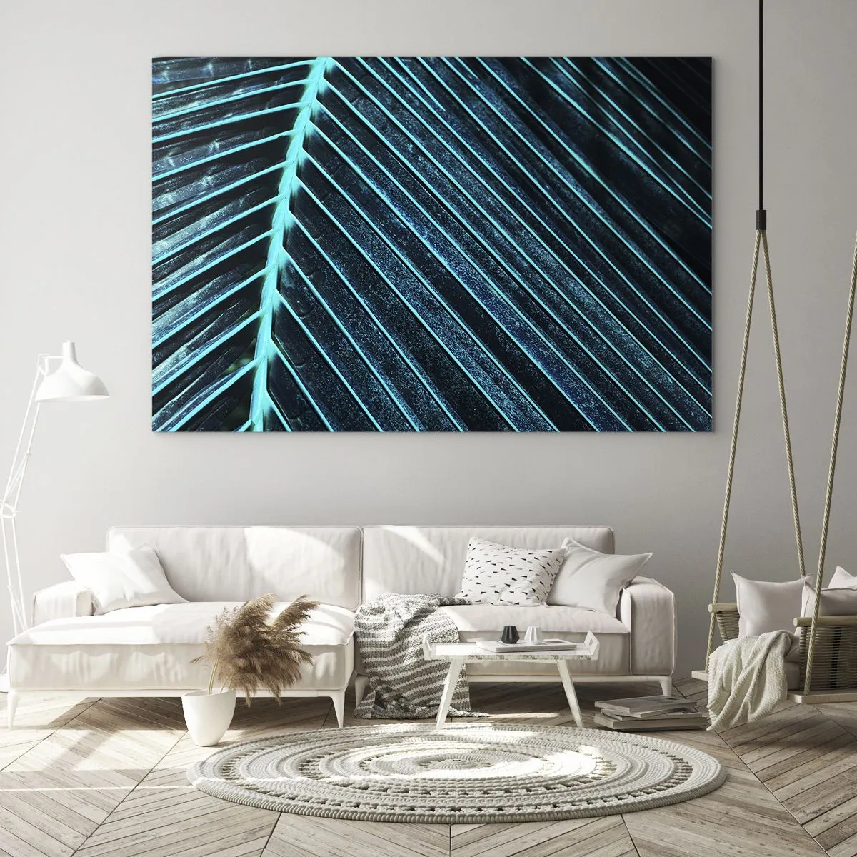 Schilderen op glas - Macrofotografie van een palmblad in turquoise tinten - 70x50cm - Groene textuur - Moderne wanddecoratie voor woonkamer en slaapkamer ARTTOR