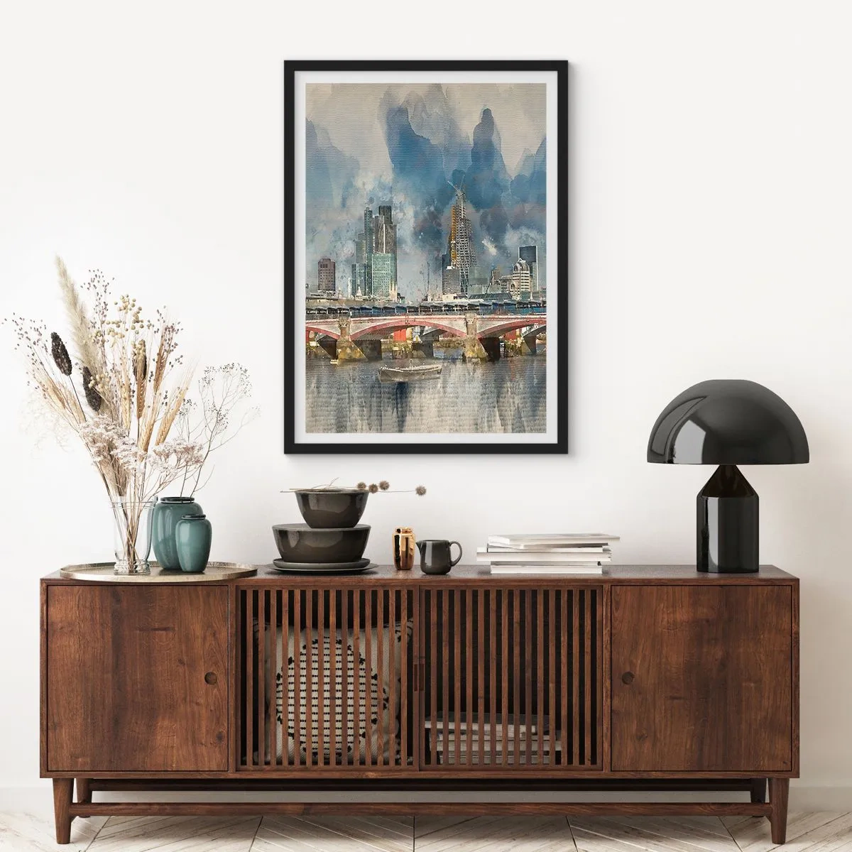 Poster in een zwarte lijst - Stadslandschap met een brug en wolkenkrabbers op de achtergrond - 50x70cm - Londen in al zijn glorie - Moderne wanddecoratie voor woonkamer en slaapkamer ARTTOR