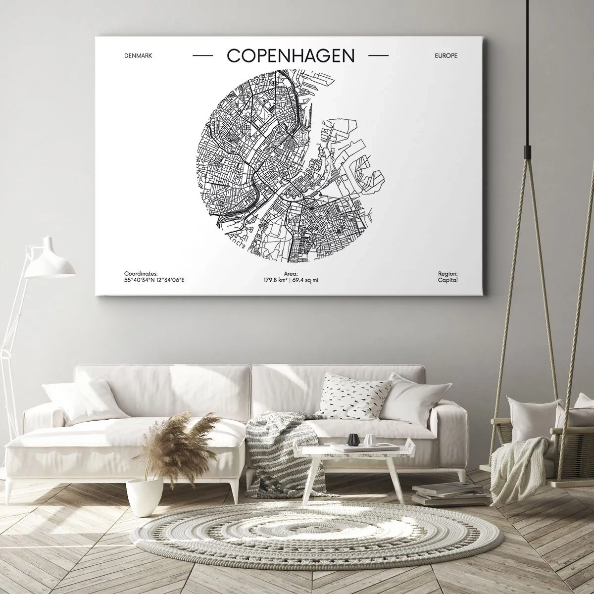 Schilderen op canvas - Een kaart van Kopenhagen in minimalistische zwart-witstijl. - 70x50cm - Anatomie van Kopenhagen - Moderne wanddecoratie voor woonkamer en slaapkamer ARTTOR
