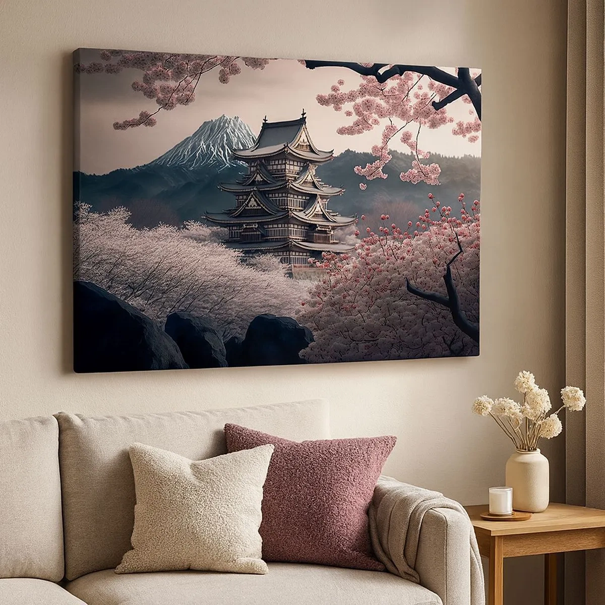 Schilderen op canvas - Een Japanse tempel omgeven door kersenbloesems en bergen - 70x50cm - Het land van de kersenbloesem - Moderne wanddecoratie voor woonkamer en slaapkamer ARTTOR