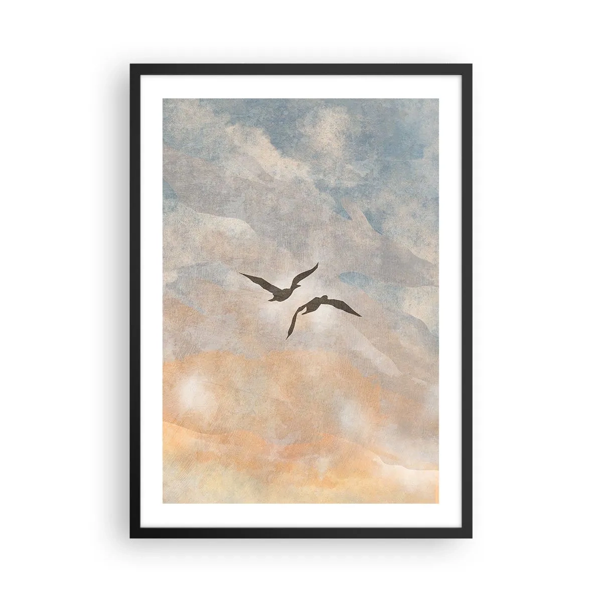 Poster in een zwarte lijst - Twee vogels vliegen tegen de lucht, in delicate tinten blauw en oranje. - 50x70cm - Hemeldans - Moderne wanddecoratie voor woonkamer en slaapkamer ARTTOR