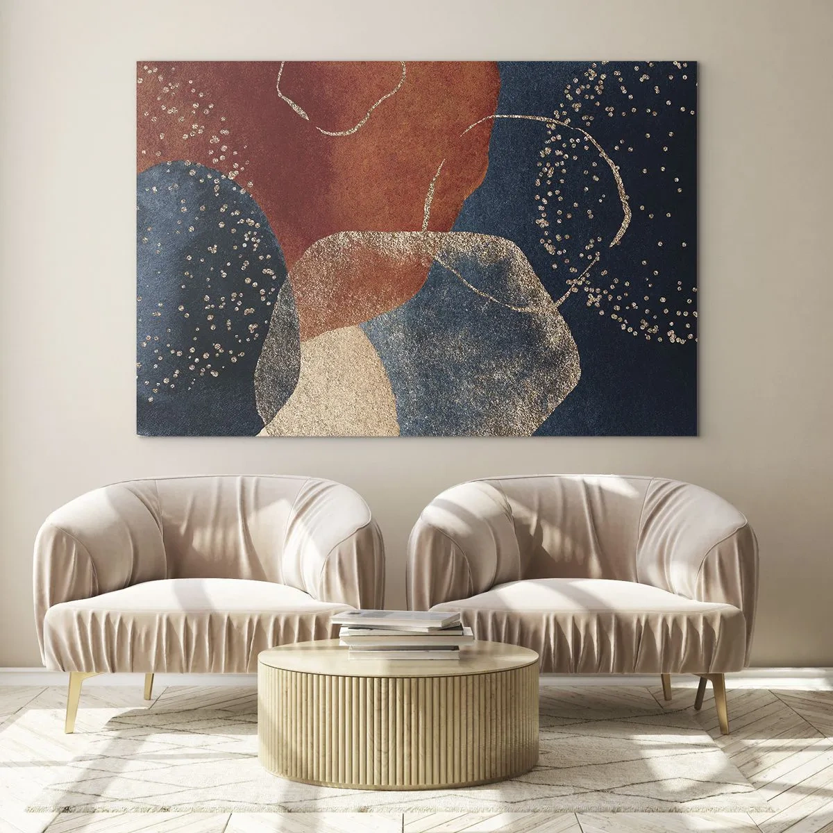 Schilderen op glas - Abstracte vormen in tinten marineblauw en koper - 70x50cm - De lichtheid van het zijn - Moderne wanddecoratie voor woonkamer en slaapkamer ARTTOR