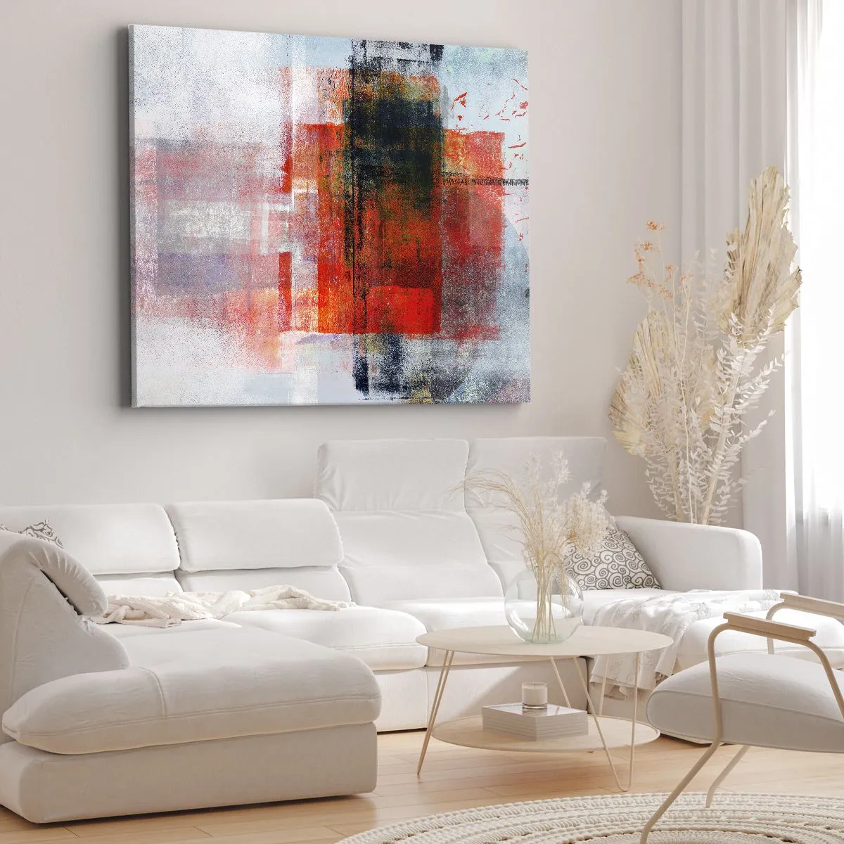 Schilderen op canvas - Abstracte geometrische compositie met rode en oranje accenten - 70x50cm - Een gloeiende compositie - Moderne wanddecoratie voor woonkamer en slaapkamer ARTTOR