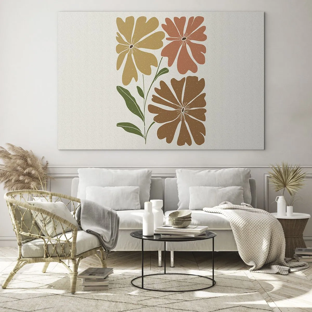 Schilderen op glas - Drie gestileerde bloemen in warme kleuren op een lichte achtergrond - 70x50cm - Natuur en geometrie - Moderne wanddecoratie voor woonkamer en slaapkamer ARTTOR