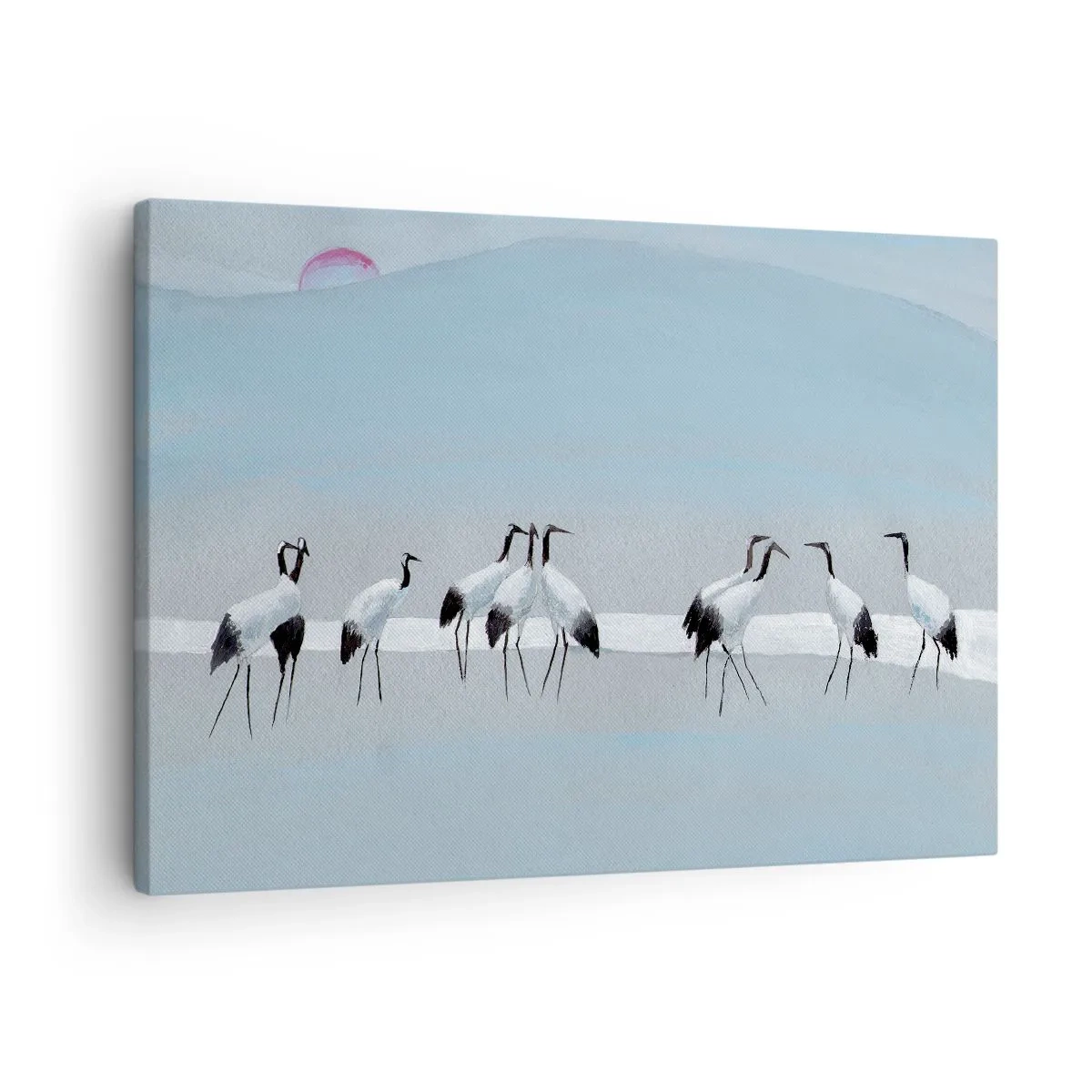Schilderen op canvas - Een groep kraanvogels tegen een blauwe lucht en de opkomende zon - 70x50cm - Na een warme dag - Moderne wanddecoratie voor woonkamer en slaapkamer ARTTOR