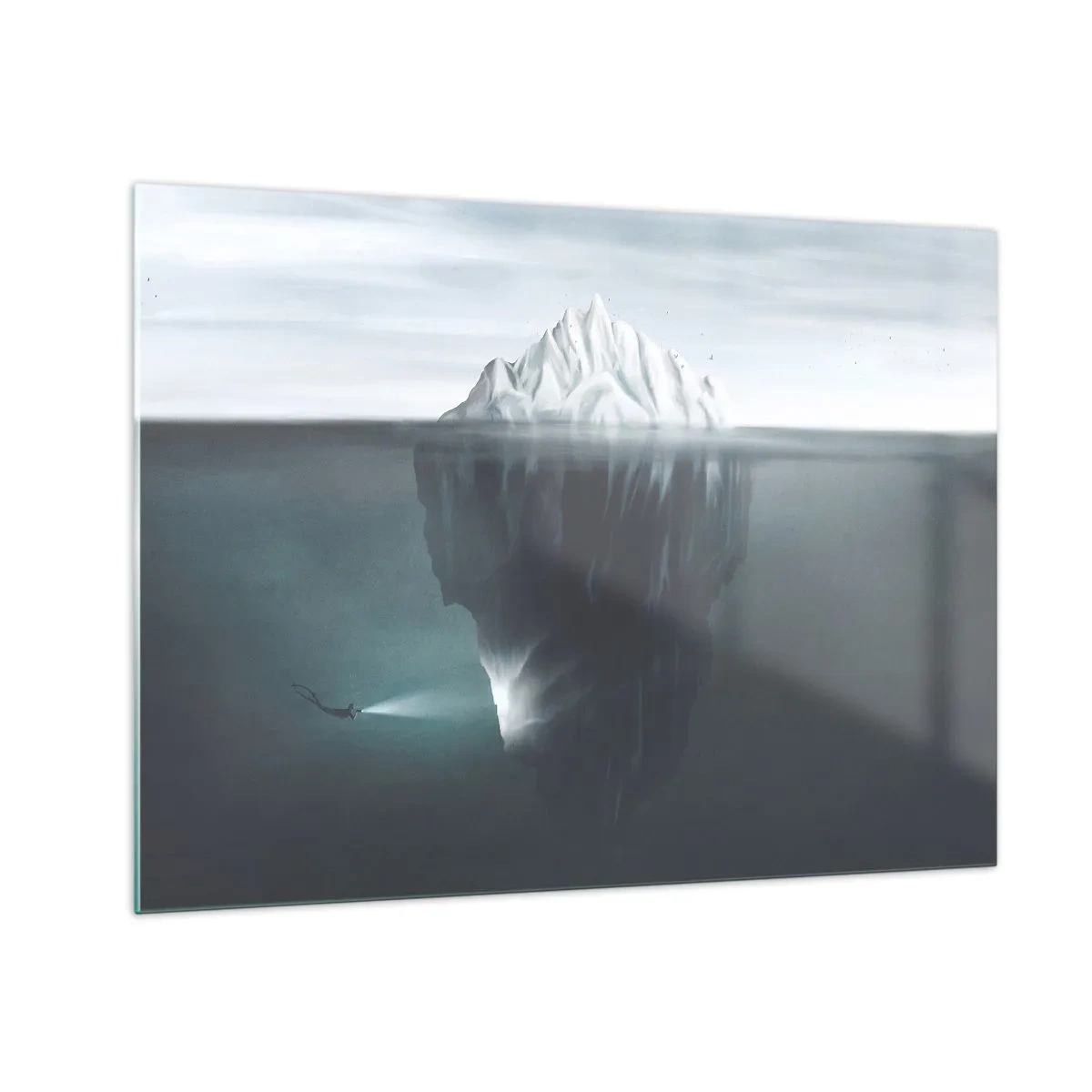 Schilderen op glas - Een ijsberg met een duiker die het onderwatergedeelte verkent - 70x50cm - Onderwater mysterie - Moderne wanddecoratie voor woonkamer en slaapkamer ARTTOR