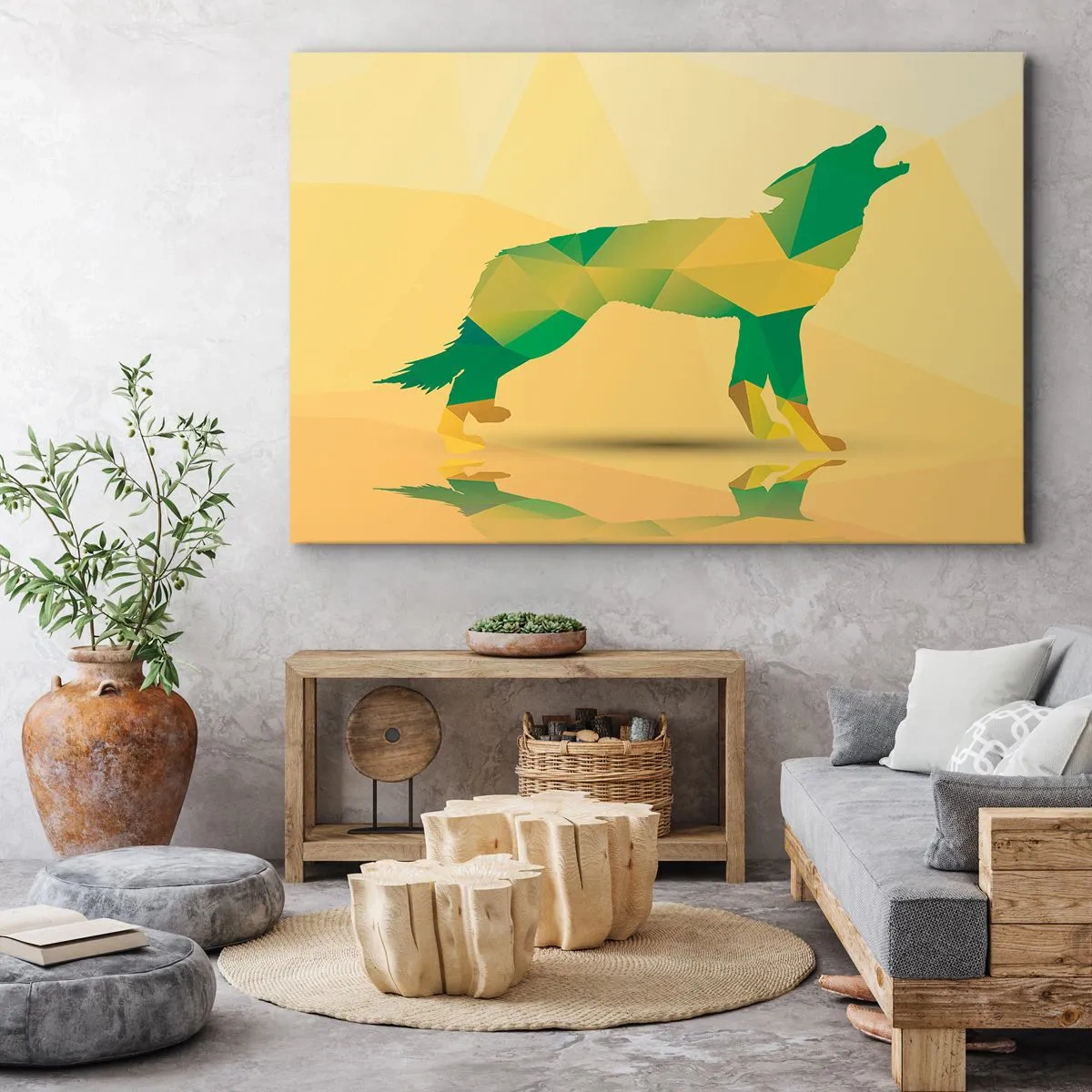 Schilderen op canvas - Geometrisch wolvensilhouet in groene en gele tinten - 70x50cm - Een eenzame wolf - Moderne wanddecoratie voor woonkamer en slaapkamer ARTTOR