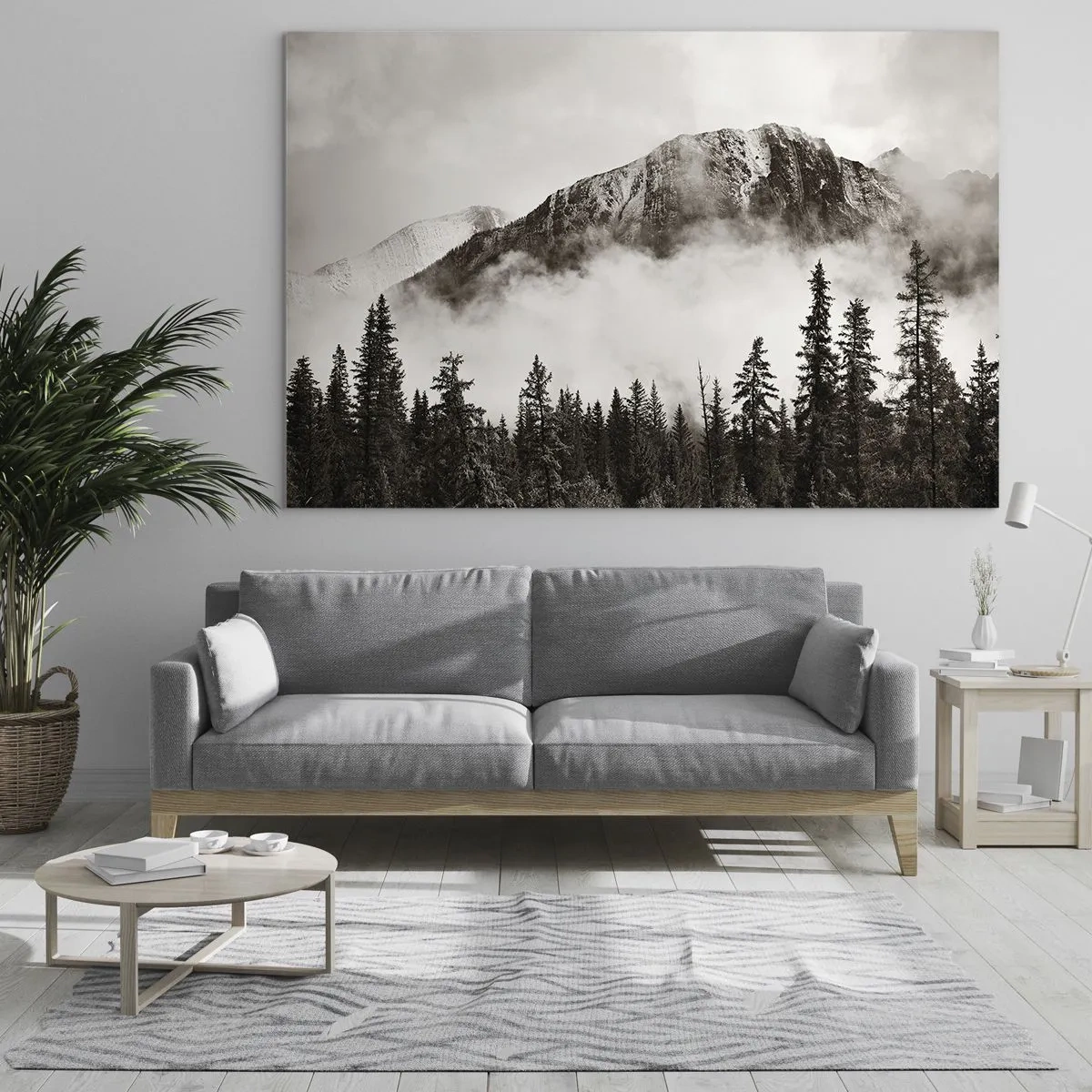 Schilderen op glas - Berglandschap met bos en mist in sepiatinten - 70x50cm - Granieten liniaal - Moderne wanddecoratie voor woonkamer en slaapkamer ARTTOR