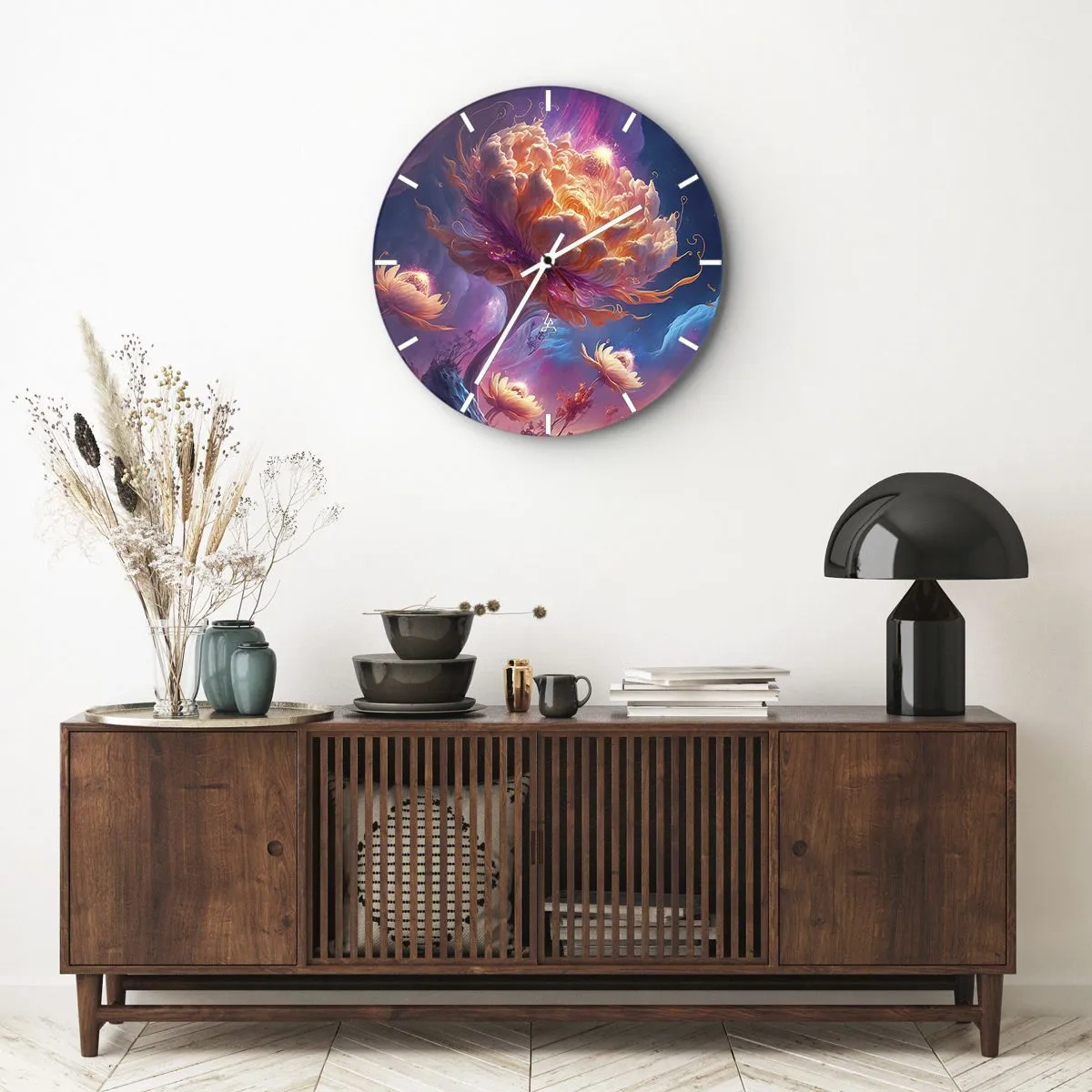 Wandklok - Klok - Een fantastische bloem verlicht in een kosmisch landschap - 30x30cm - Andere wereld - Moderne wanddecoratie voor woonkamer, keuken en slaapkamer ARTTOR