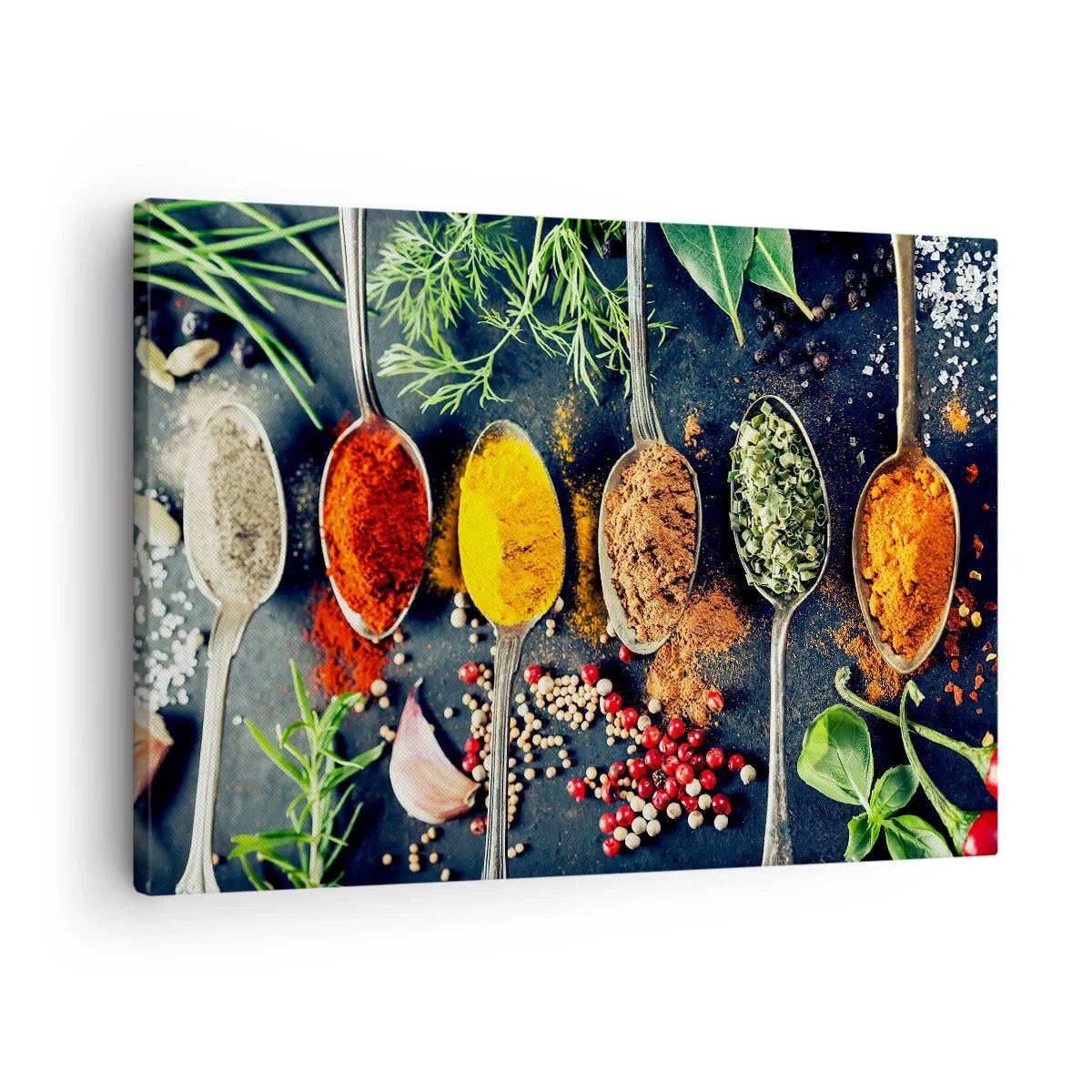Schilderen op canvas - Kleurrijke kruiden op lepels met kruiden op de achtergrond - 70x50cm - Culinaire magie - Moderne wanddecoratie voor woonkamer en slaapkamer ARTTOR