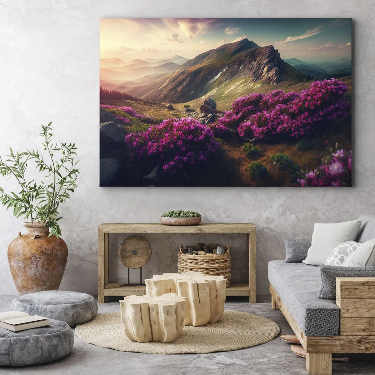 Schilderen op canvas - Berglandschap met bloeiende rododendrons - 70x50cm - Zomer in de bergen - Moderne wanddecoratie voor woonkamer en slaapkamer ARTTOR