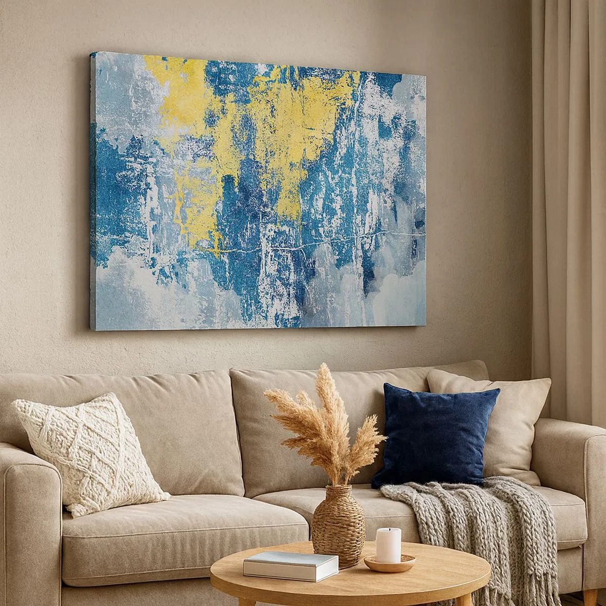 Schilderen op canvas - Abstractie in tinten blauw en geel - 70x50cm - Abstractie vol met weer - Moderne wanddecoratie voor woonkamer en slaapkamer ARTTOR