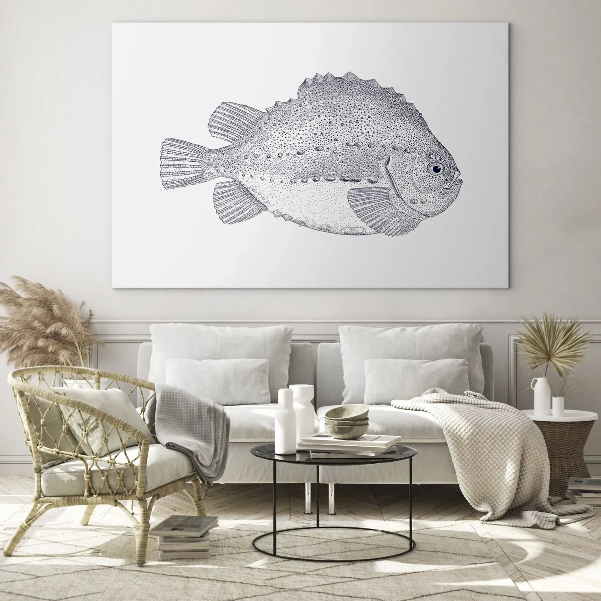 Schilderen op glas - Gedetailleerde gravure van een vis op een witte achtergrond in een natuurstijl - 70x50cm - Voor het album van de natuuronderzoeker - Moderne wanddecoratie voor woonkamer en slaapkamer ARTTOR