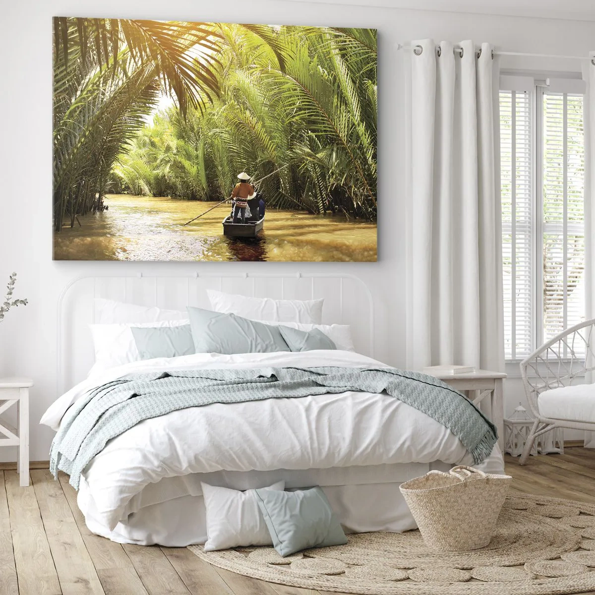 Schilderen op canvas - Een boot op een rivier omgeven door tropische vegetatie - 70x50cm - Een palmravijn langs - Moderne wanddecoratie voor woonkamer en slaapkamer ARTTOR