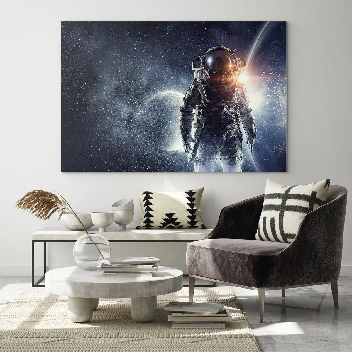 Schilderen op glas - Astronaut tegen de achtergrond van planeten en sterren - 70x50cm - Ruimte avontuur - Moderne wanddecoratie voor woonkamer en slaapkamer ARTTOR