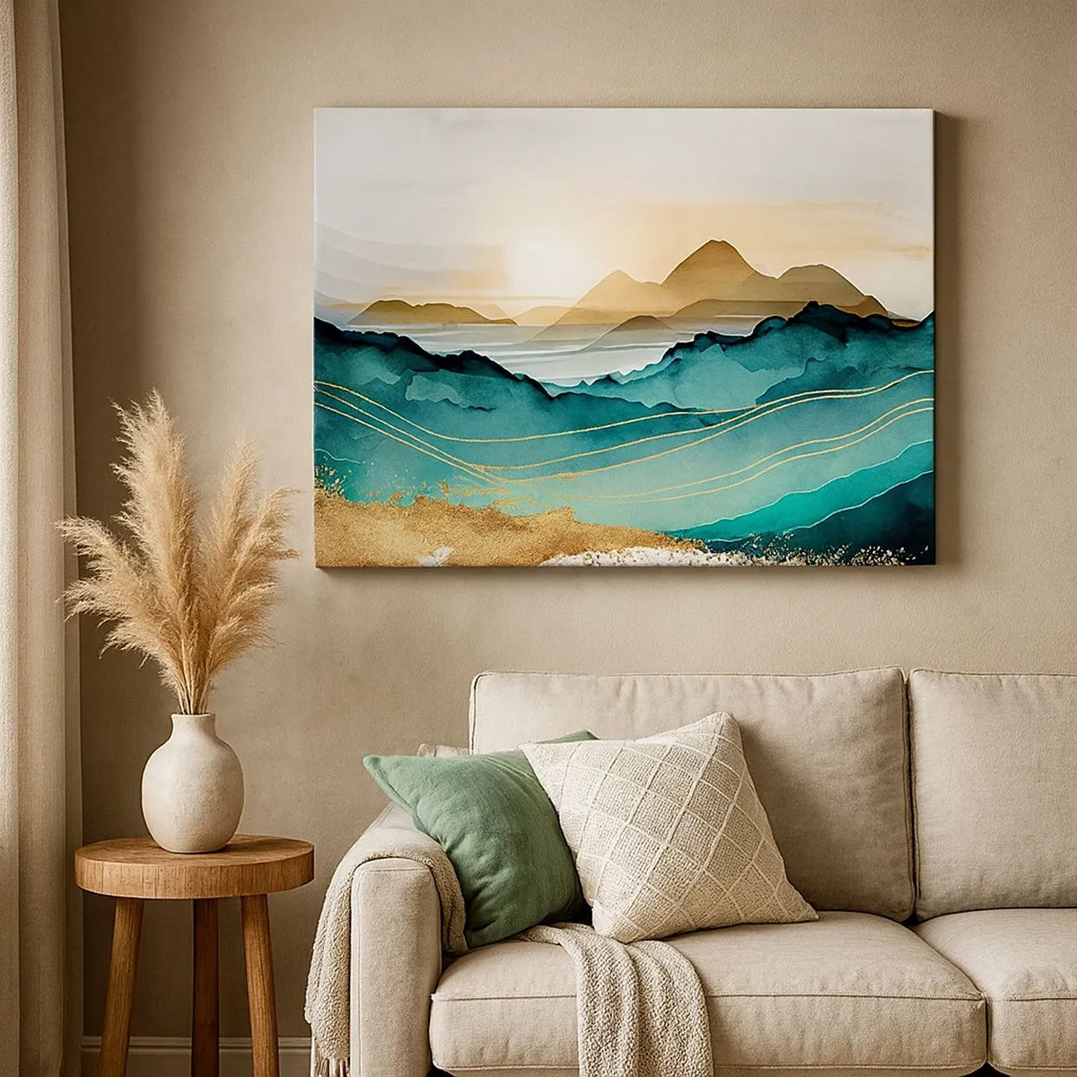 Schilderen op canvas - Abstract landschap met bergen en gouden accenten - 70x50cm - Op de rand van abstractie – landschap - Moderne wanddecoratie voor woonkamer en slaapkamer ARTTOR
