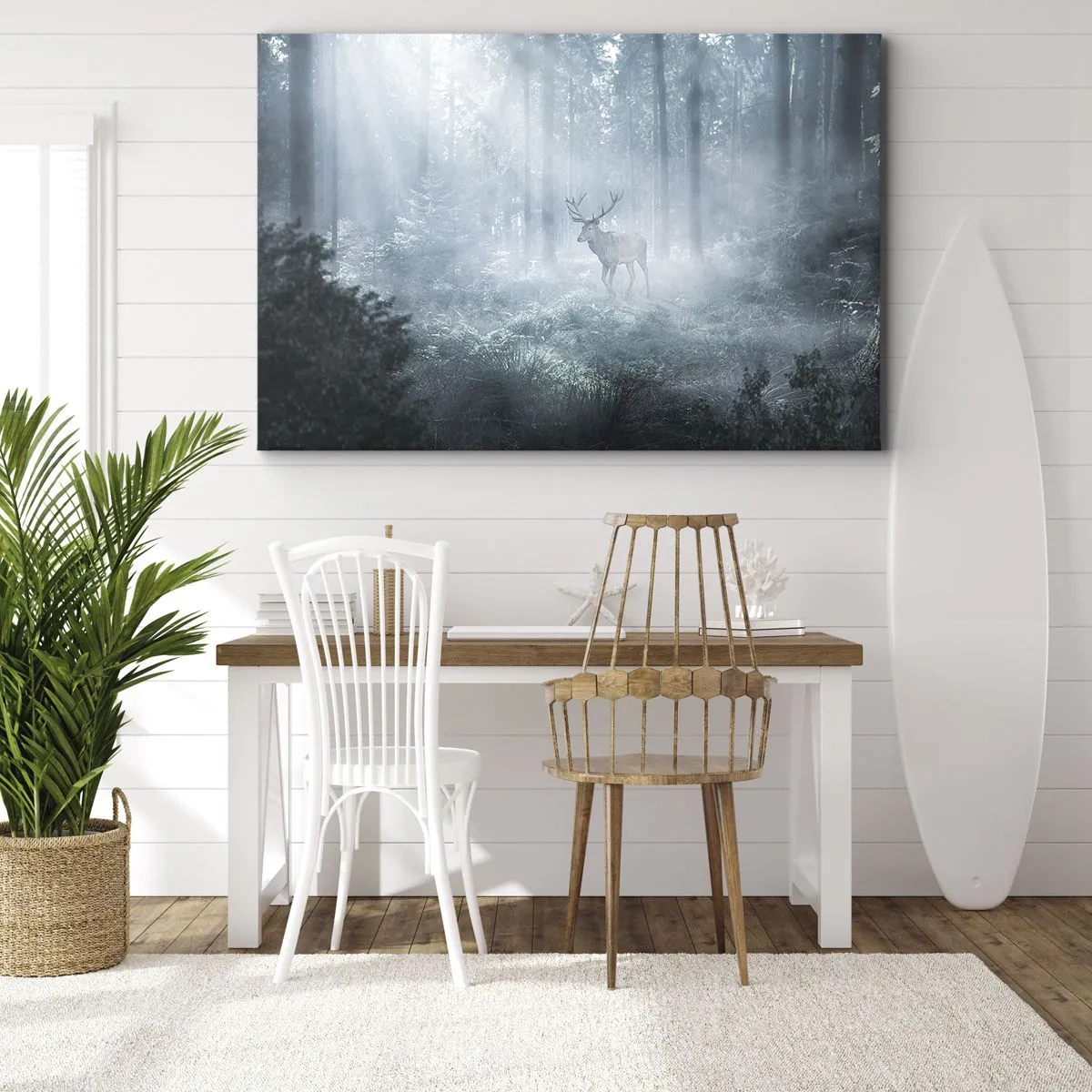 Schilderen op canvas - Een hert in een dicht bos, gehuld in ochtendmist - 70x50cm - Ochtendbezoek aan het landgoed - Moderne wanddecoratie voor woonkamer en slaapkamer ARTTOR