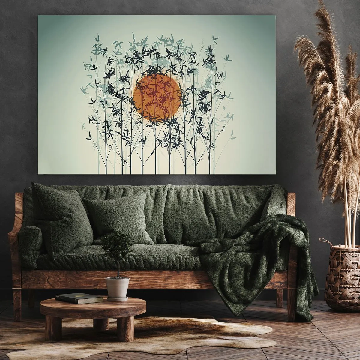 Schilderen op canvas - Oranje zon tussen de bamboetakken - 70x50cm - Japanse zon - Moderne wanddecoratie voor woonkamer en slaapkamer ARTTOR