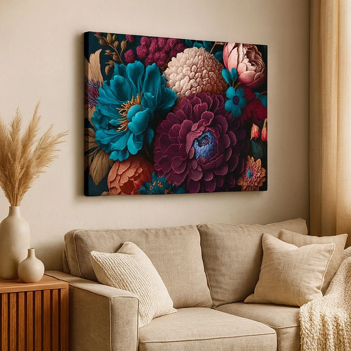 Schilderen op canvas - Een boeket bloemen in intense kleuren op een donkere achtergrond - 70x50cm - Natuur in overvloed - Moderne wanddecoratie voor woonkamer en slaapkamer ARTTOR