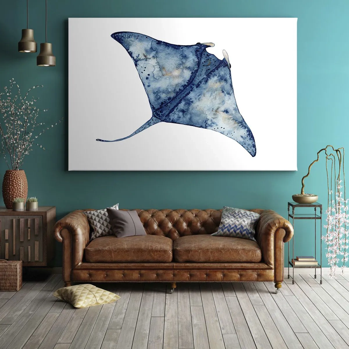 Schilderen op canvas - Blauwe pijlstaartrog in aquarelstijl op witte achtergrond - 70x50cm - Leven in blauw - Moderne wanddecoratie voor woonkamer en slaapkamer ARTTOR