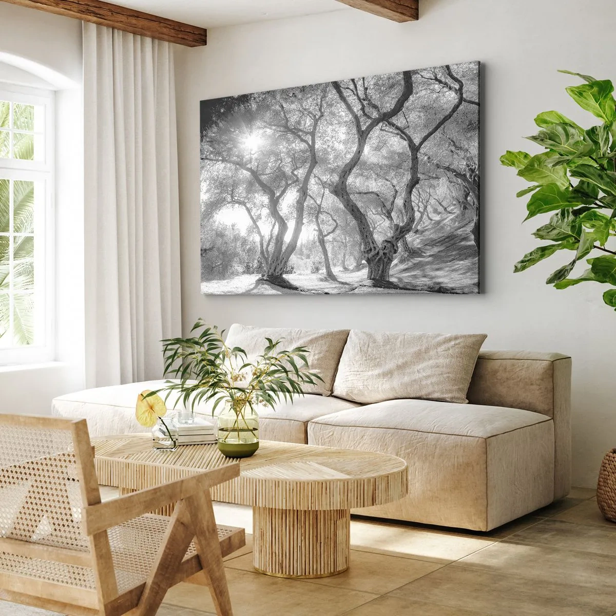 Schilderen op canvas - Zwart-witbeeld van bomen in een olijfgaard met zonnestralen - 70x50cm - In de olijfboomgaard - Moderne wanddecoratie voor woonkamer en slaapkamer ARTTOR