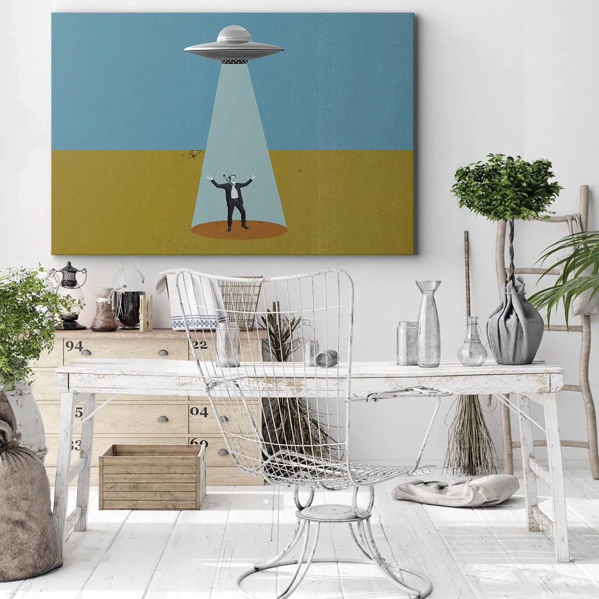 Schilderen op canvas - Een man in het licht van een UFO tegen de achtergrond van een kleurrijk landschap - 70x50cm - Een nauwe ontmoeting - Moderne wanddecoratie voor woonkamer en slaapkamer ARTTOR