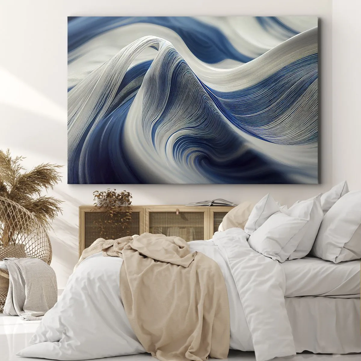 Schilderen op canvas - Abstracte golven in tinten blauw en wit - 70x50cm - De vloeibaarheid van blauw en wit - Moderne wanddecoratie voor woonkamer en slaapkamer ARTTOR