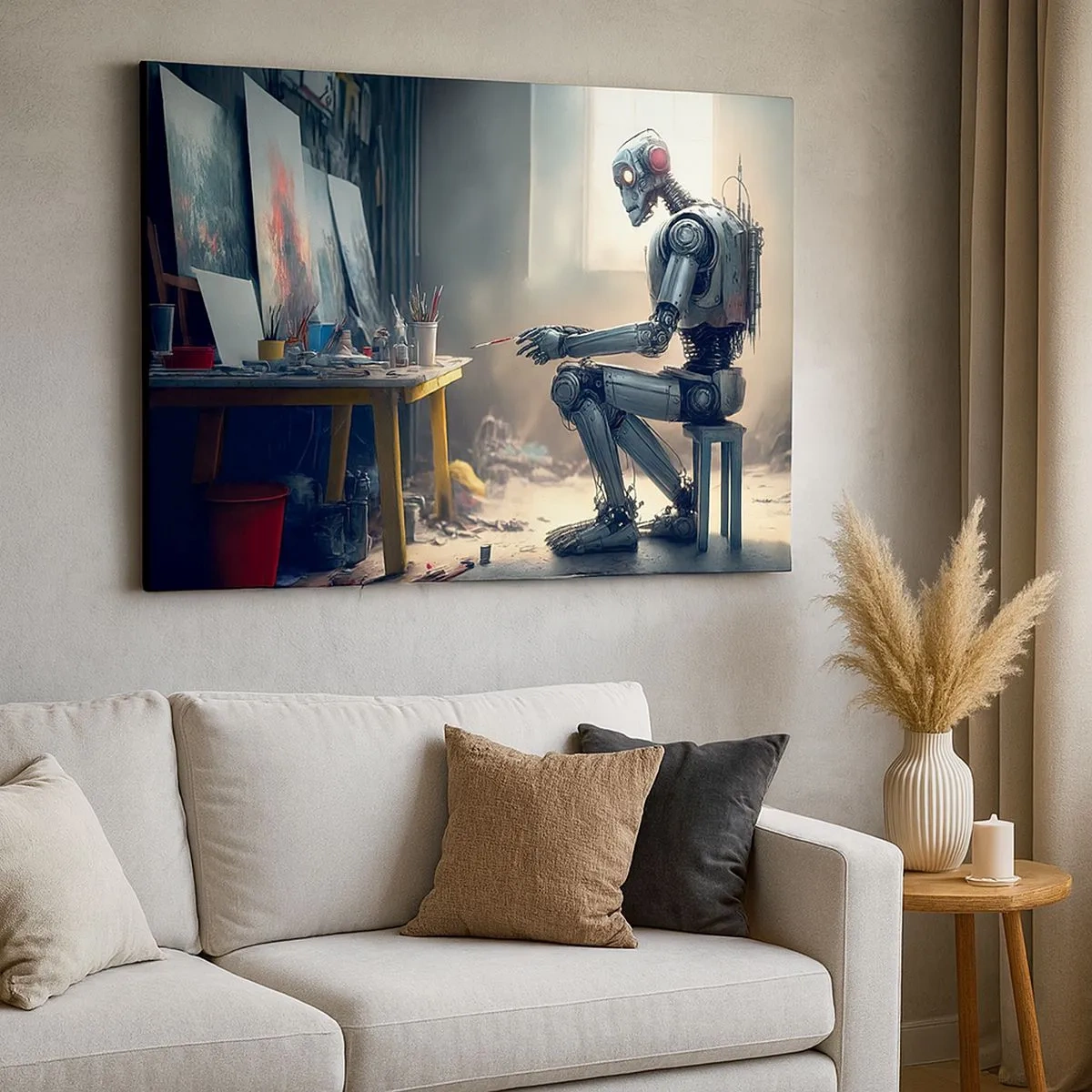 Schilderen op canvas - Een robot die een schilderij maakt in een kunststudio - 70x50cm - De scheppingsdaad - Moderne wanddecoratie voor woonkamer en slaapkamer ARTTOR