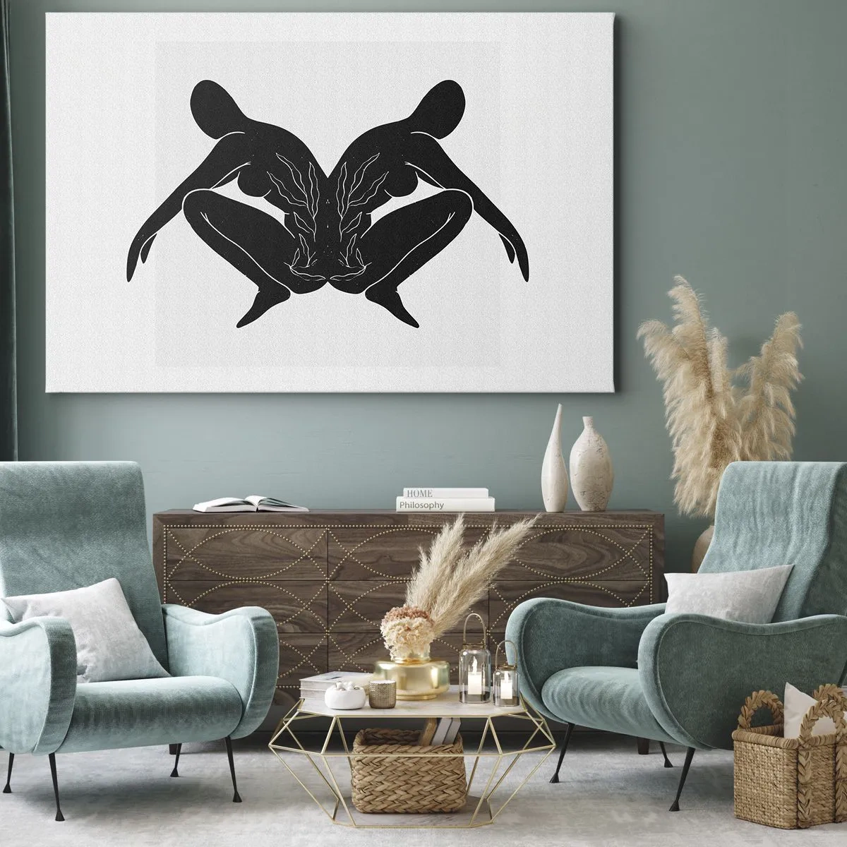 Schilderen op canvas - Zwarte silhouetten in een symmetrische positie op een witte achtergrond - 70x50cm - Een gemeenschappelijke ziel - Moderne wanddecoratie voor woonkamer en slaapkamer ARTTOR