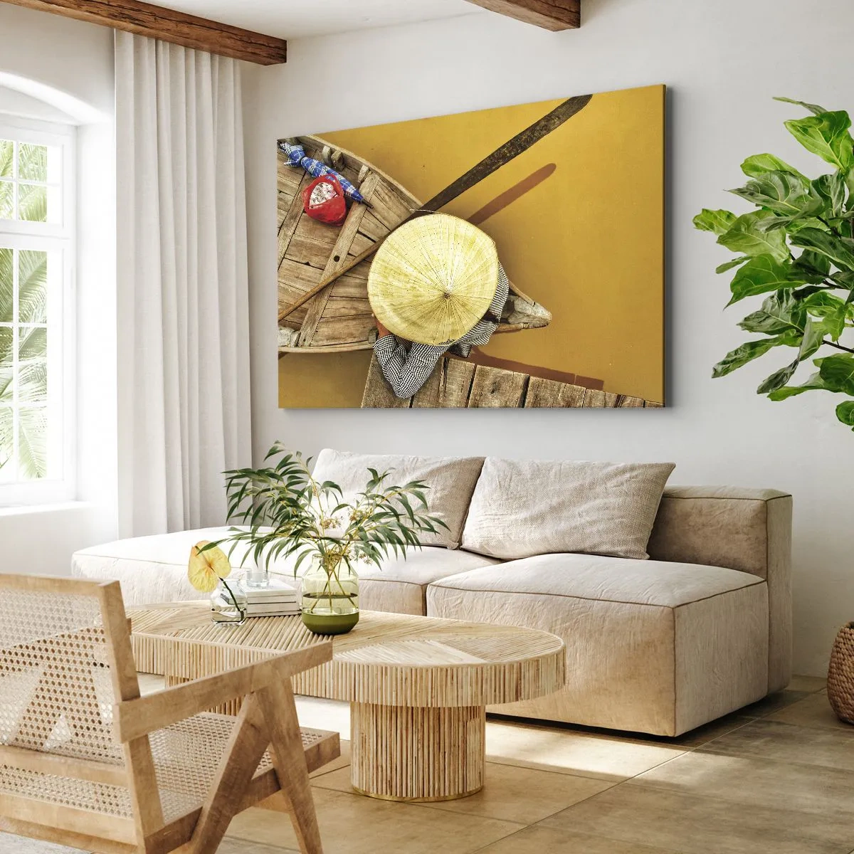 Schilderen op canvas - Een traditionele boot gezien vanuit vogelperspectief - 70x50cm - Het leven op de Gele Rivier - Moderne wanddecoratie voor woonkamer en slaapkamer ARTTOR