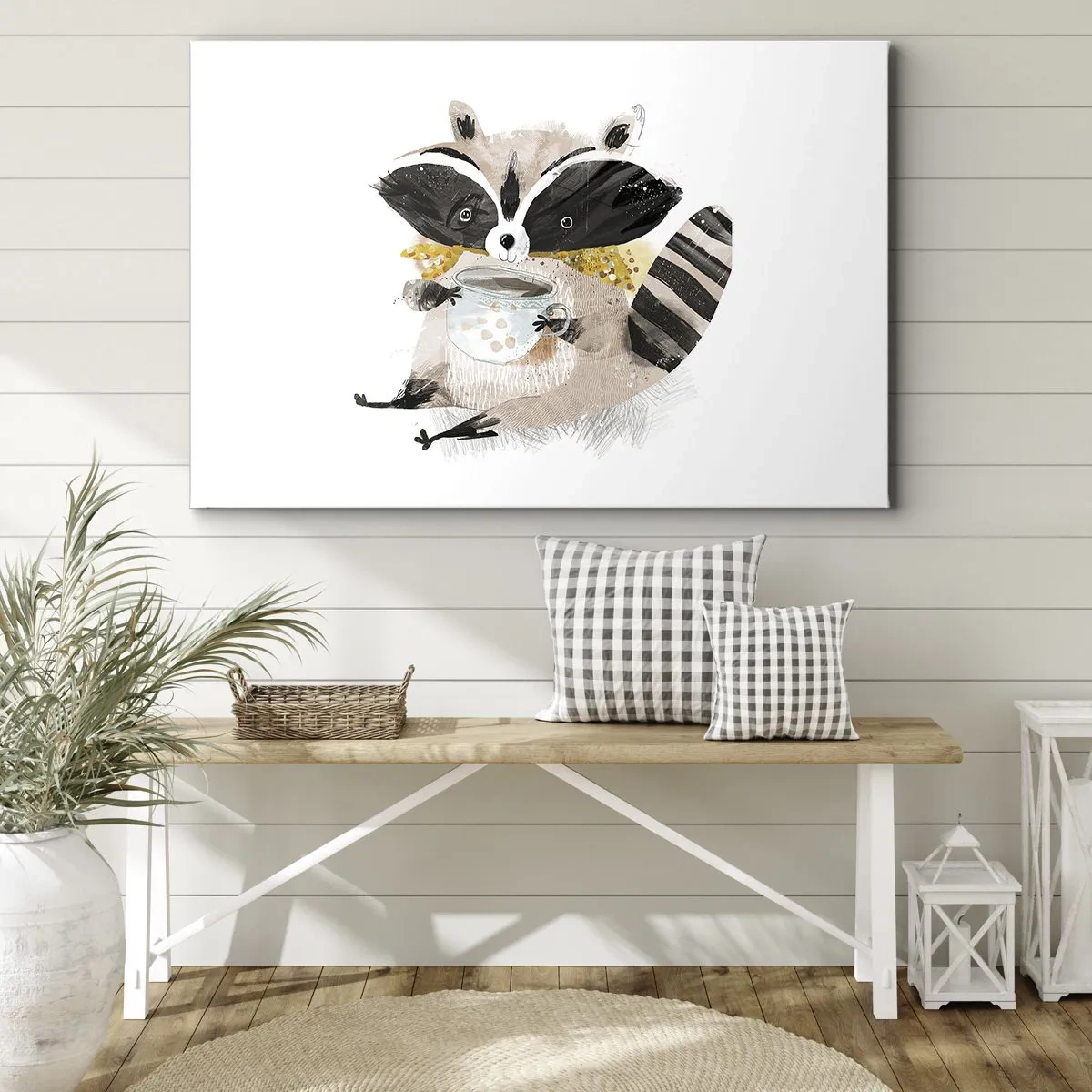 Schilderen op canvas - Schattige wasbeer met een pastelkleurige mok - 70x50cm - Mijn vriend de wasbeer - Moderne wanddecoratie voor woonkamer en slaapkamer ARTTOR