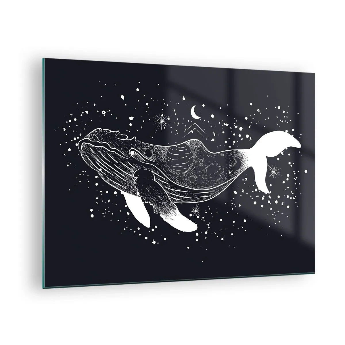 Schilderen op glas - Grafisch wit silhouet van een walvis die in de ruimte zweeft - 70x50cm - In de oceaan van het universum - Moderne wanddecoratie voor woonkamer en slaapkamer ARTTOR