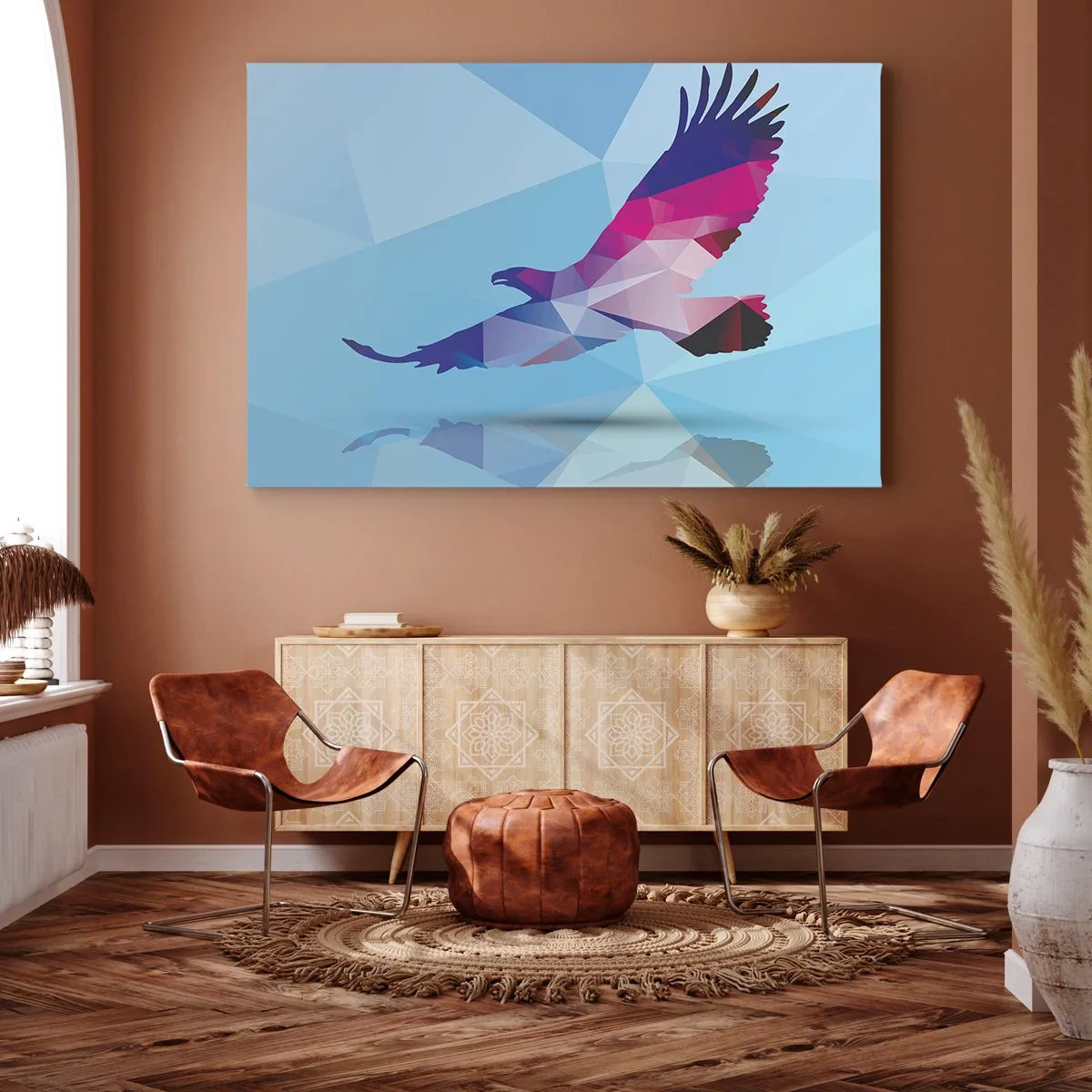 Schilderen op canvas - Geometrisch silhouet van een adelaar in vlucht op een blauwe achtergrond - 70x50cm - Adelaar in een lila kristal - Moderne wanddecoratie voor woonkamer en slaapkamer ARTTOR
