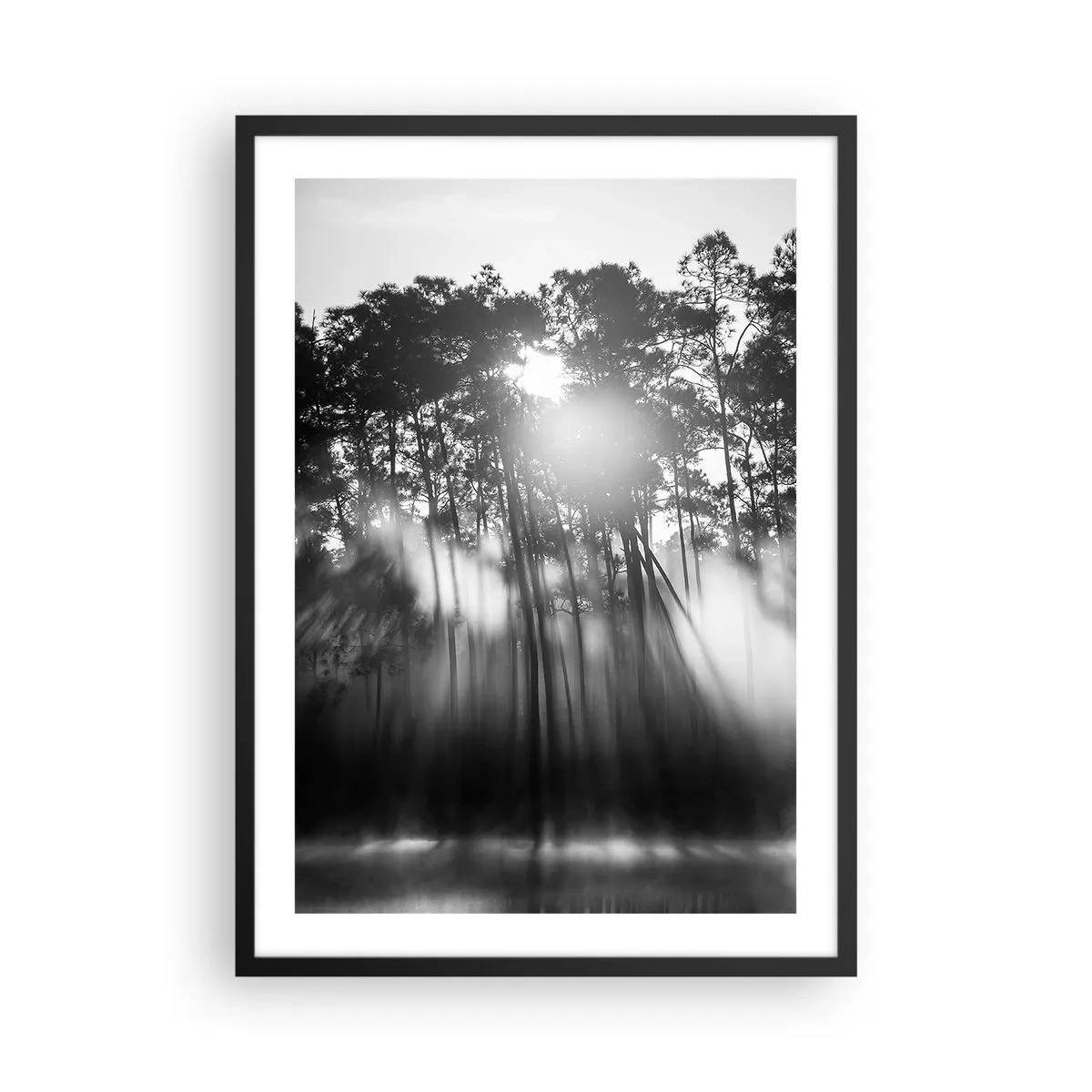 Poster in een zwarte lijst - Zwart-wit boslandschap met zonnestralen in de mist - 50x70cm - Niet te stoppen zon - Moderne wanddecoratie voor woonkamer en slaapkamer ARTTOR