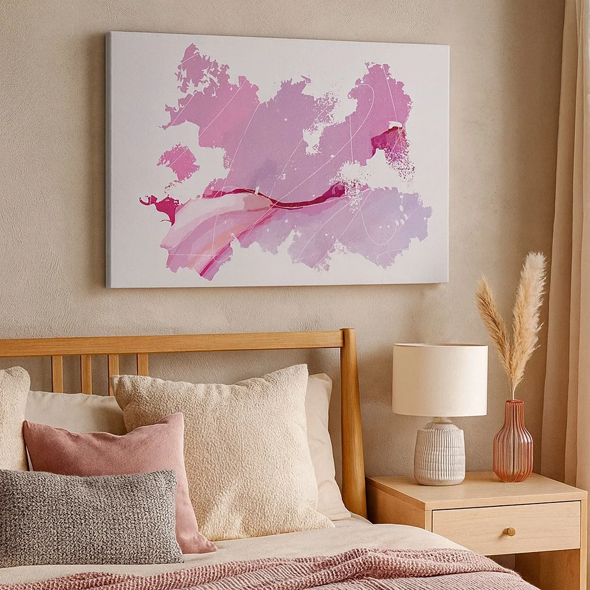 Schilderen op canvas - Abstracte wereldkaart in roze tinten - 70x50cm - Kaart van de roze wereld - Moderne wanddecoratie voor woonkamer en slaapkamer ARTTOR