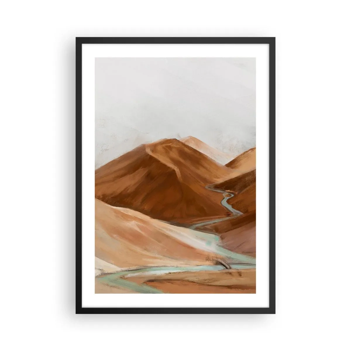 Poster in een zwarte lijst - Een rivier die door bruine bergen stroomt, een gestileerd landschap - 50x70cm - Naar de bron - Moderne wanddecoratie voor woonkamer en slaapkamer ARTTOR