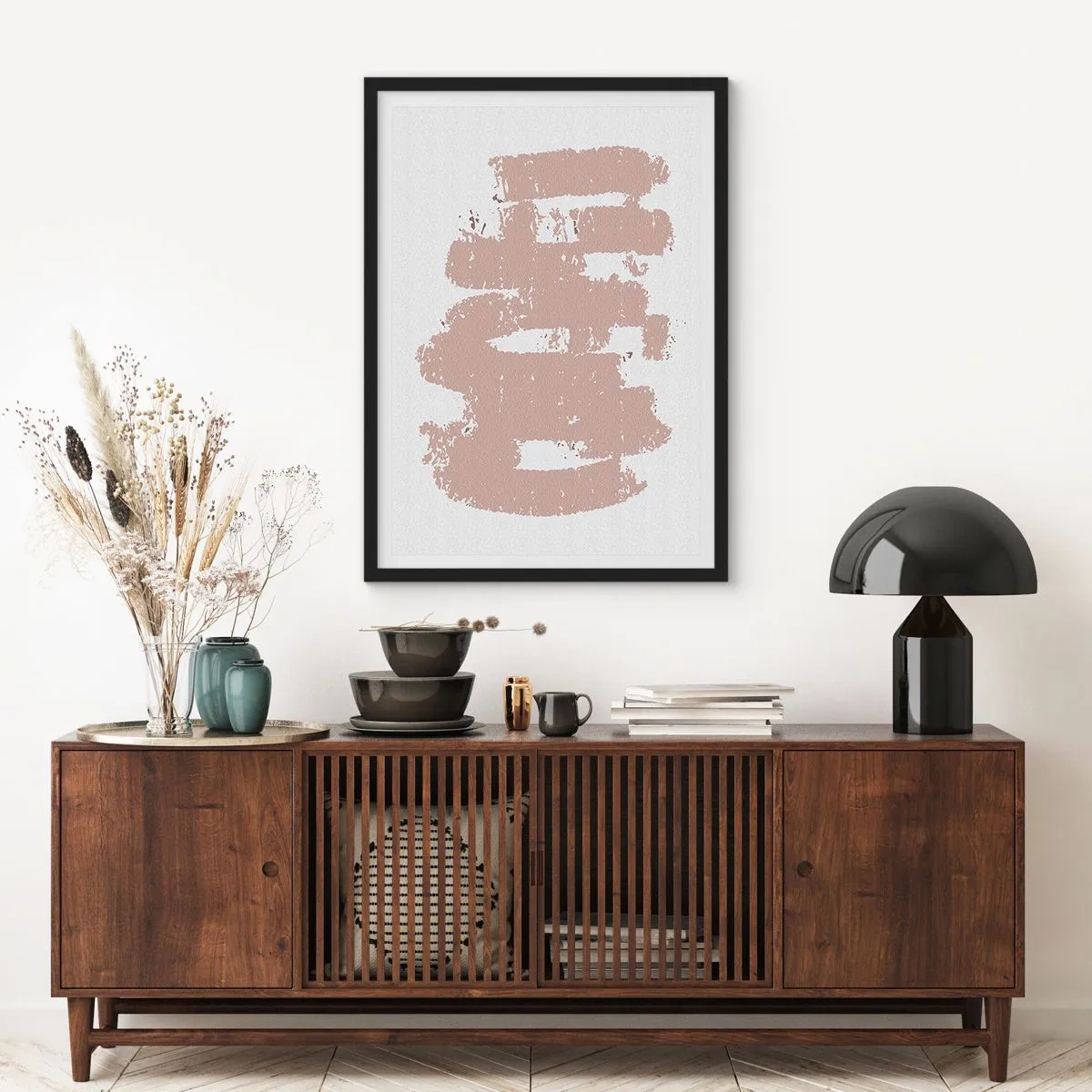 Poster in een zwarte lijst - Een minimalistische compositie in beige tinten - 50x70cm - Abstractie in zachtroze - Moderne wanddecoratie voor woonkamer en slaapkamer ARTTOR