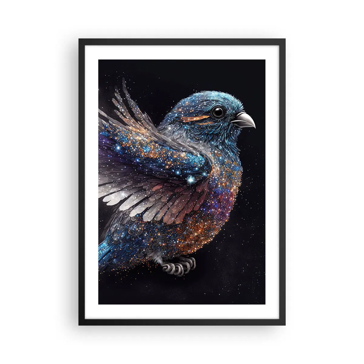 Poster in een zwarte lijst - Een ruimtevogel met een sterrenkleed op een zwarte achtergrond - 50x70cm - Diamant mus - Moderne wanddecoratie voor woonkamer en slaapkamer ARTTOR
