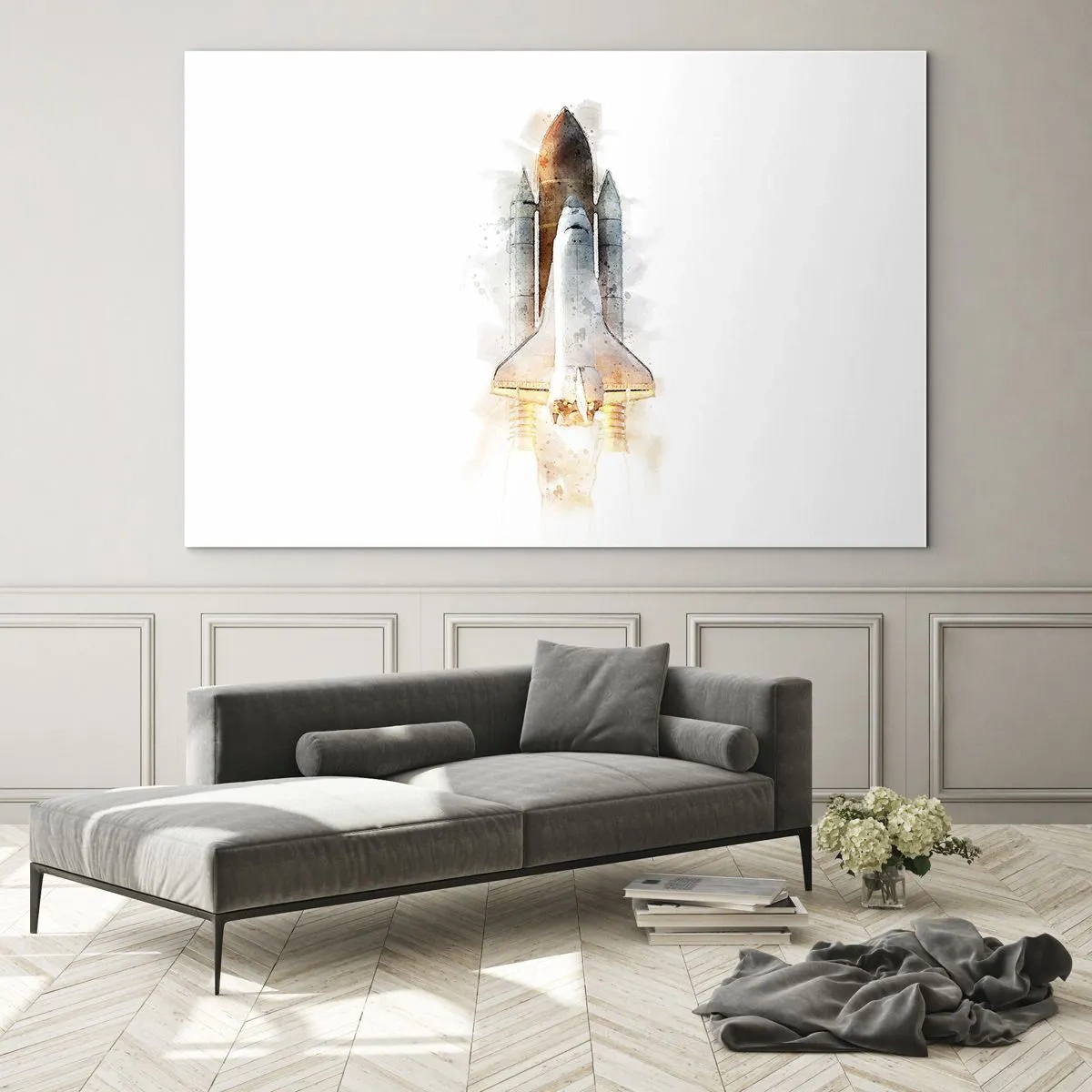 Schilderen op glas - Een opstijgende spaceshuttle in aquarelstijl op een witte achtergrond. - 70x50cm - Ontdekkingsreizigers, aan de slag - Moderne wanddecoratie voor woonkamer en slaapkamer ARTTOR