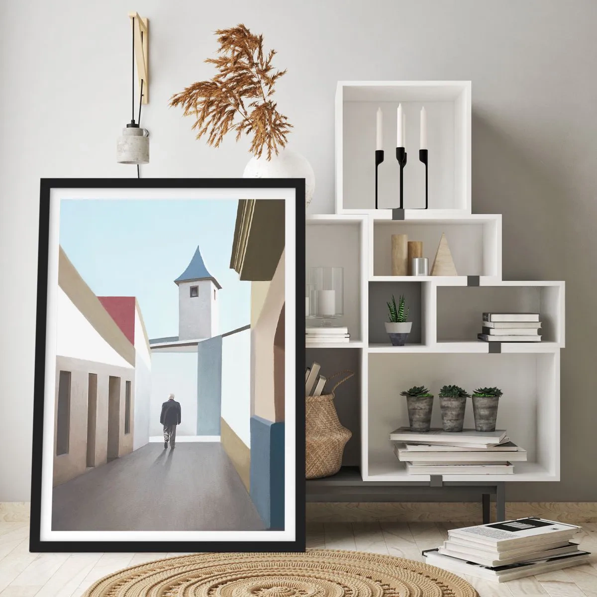 Poster in een zwarte lijst - Een minimalistische straat met een eenzame voorbijganger - 50x70cm - Een zonnige wandeling - Moderne wanddecoratie voor woonkamer en slaapkamer ARTTOR