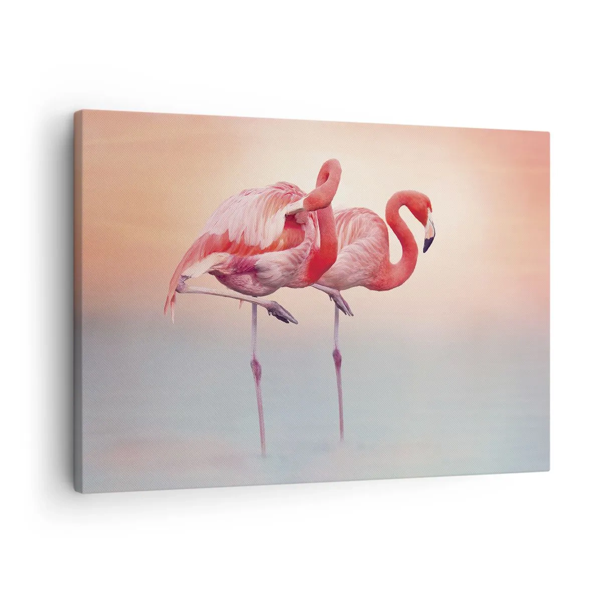 Schilderen op canvas - Flamingo's in delicate pastelkleuren op een waterachtergrond - 70x50cm - De kleur van de ondergaande zon - Moderne wanddecoratie voor woonkamer en slaapkamer ARTTOR