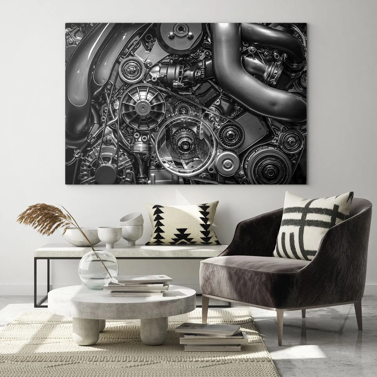 Schilderen op glas - Detail van een zwart-witte motor met zichtbare mechanismen - 70x50cm - De poëzie van mechanica - Moderne wanddecoratie voor woonkamer en slaapkamer ARTTOR