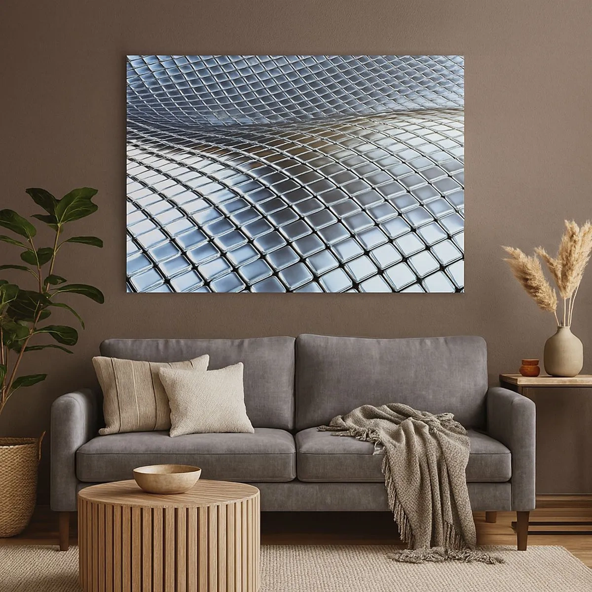 Schilderen op canvas - Moderne structuur gemaakt van metalen vierkanten - 70x50cm - Metallic zilveren golf - Moderne wanddecoratie voor woonkamer en slaapkamer ARTTOR