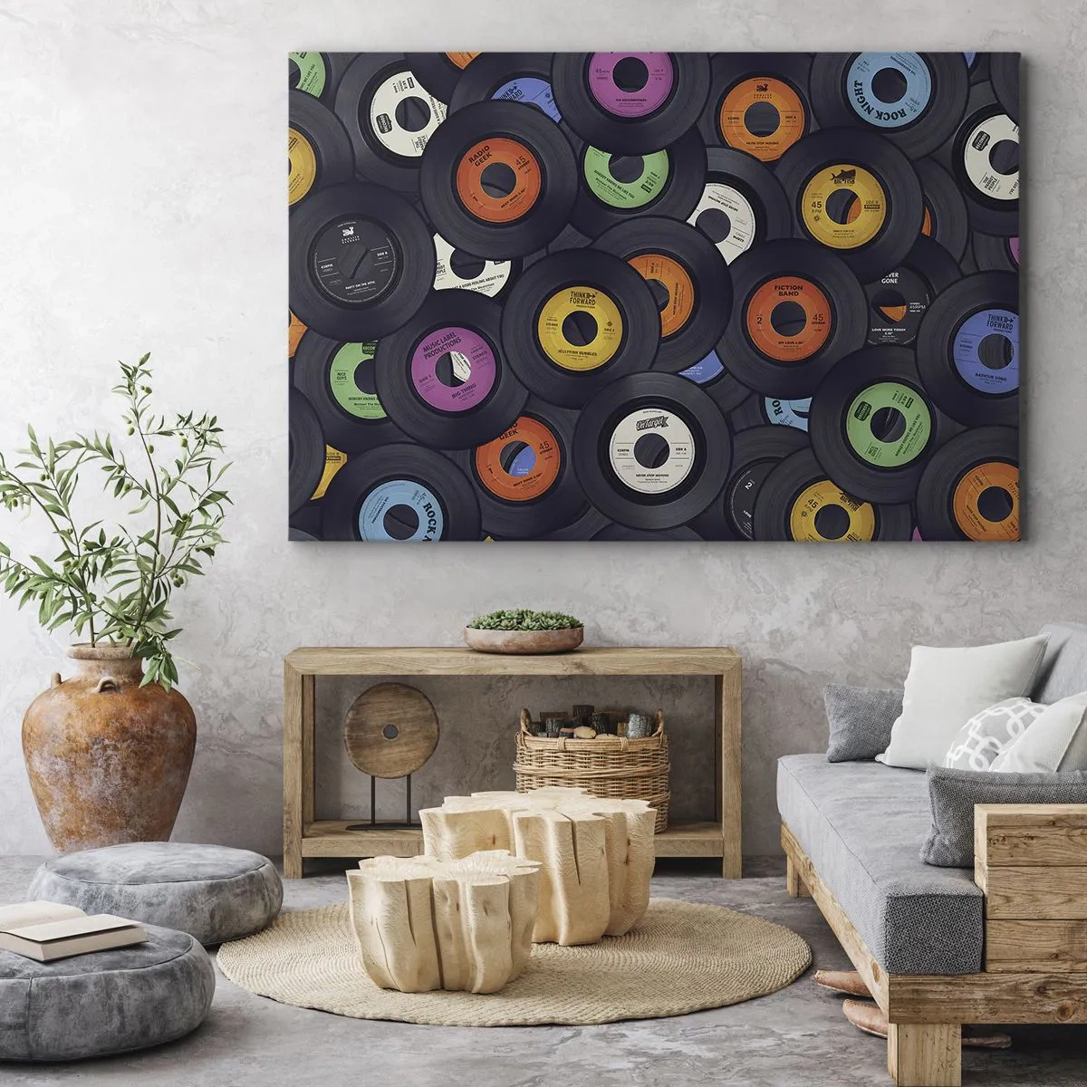 Schilderen op canvas - Kleurrijke vinyls op elkaar gestapeld - 70x50cm - De kleuren van de klassiekers - Moderne wanddecoratie voor woonkamer en slaapkamer ARTTOR