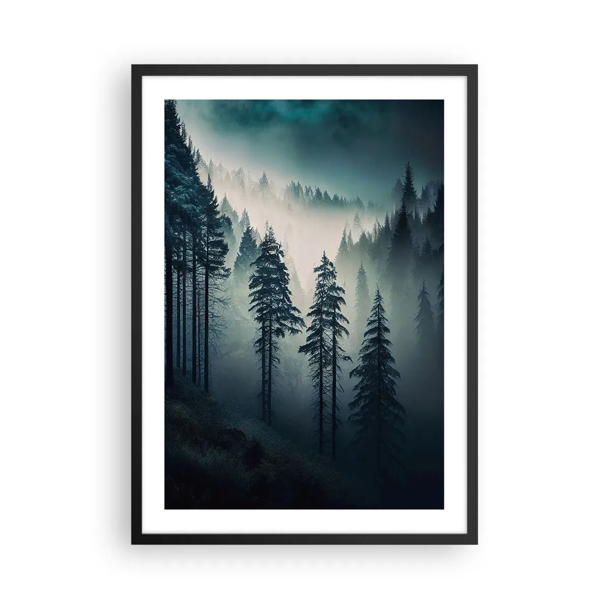 Poster in een zwarte lijst - Een donker bos gehuld in mist - 50x70cm - Berg ochtend - Moderne wanddecoratie voor woonkamer en slaapkamer ARTTOR
