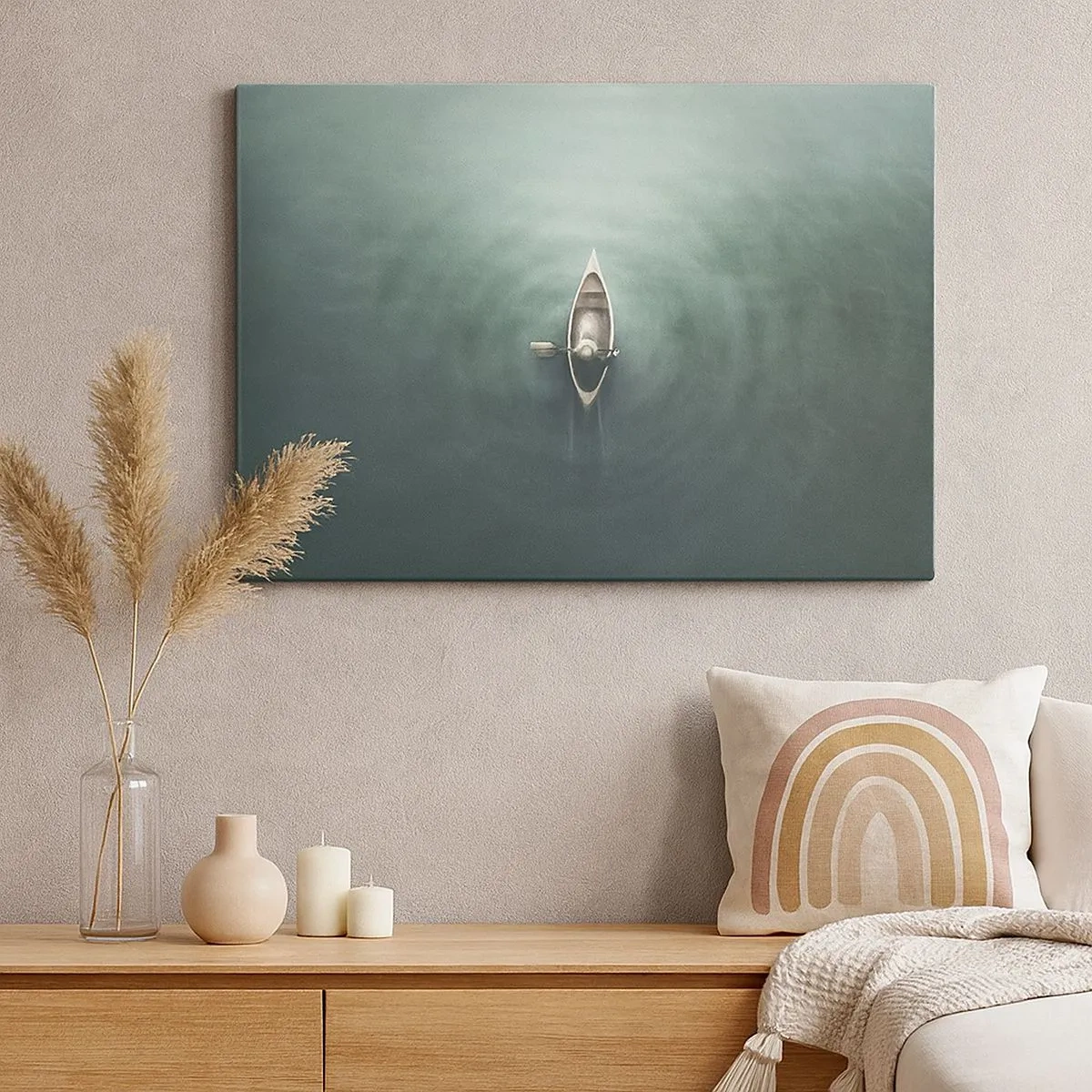 Schilderen op canvas - Een eenzame boot op kalm water in een minimalistische setting - 70x50cm - Door het maanmeer - Moderne wanddecoratie voor woonkamer en slaapkamer ARTTOR
