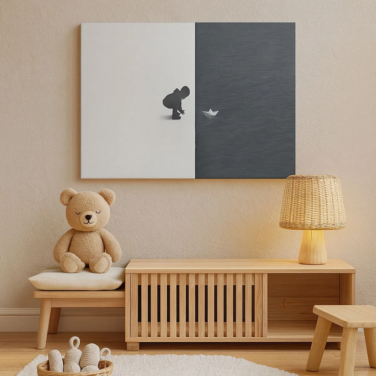 Schilderen op canvas - Een kinderfiguur met een papieren bootje tegen een achtergrond van contrasterende helften - 70x50cm - Geweldige expeditie - Moderne wanddecoratie voor woonkamer en slaapkamer ARTTOR
