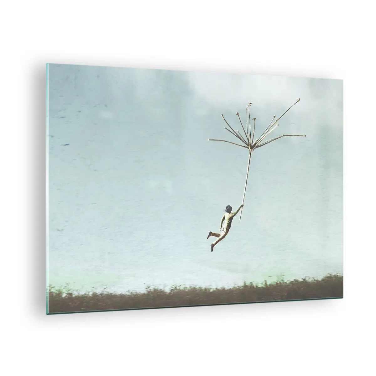 Schilderen op glas - Een jongen vliegt met een paardenbloemzaadje over een weide - 70x50cm - Vliegers, paardebloemen, wind - Moderne wanddecoratie voor woonkamer en slaapkamer ARTTOR
